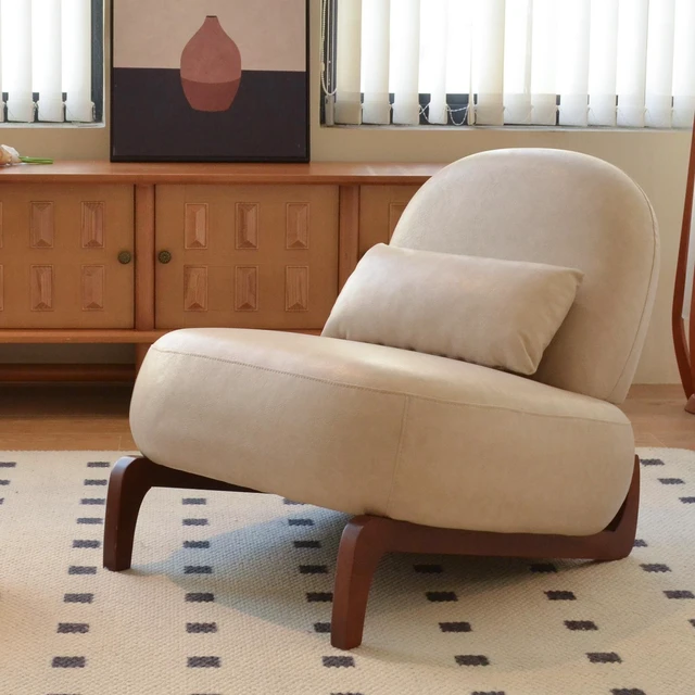 Main image of Cute Accent Chair with Solid Wood Legs, Faux Leather Living Room Chair with Soft Cushion, Cozy Bedroom Chair, Comfy Armless Reading Chair for Apartment, Waiting Room, Balcony (Cream)