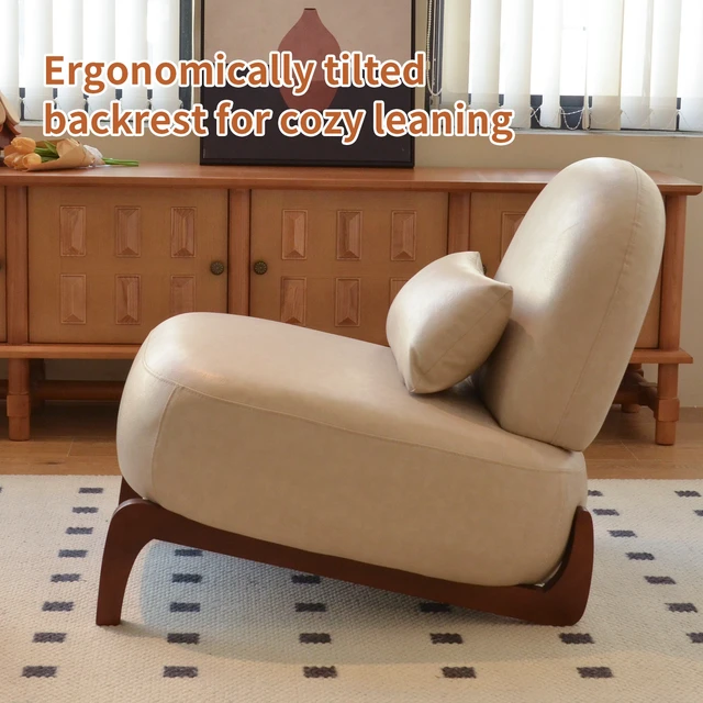 Alt view image 2 of 7 - Cute Accent Chair with Solid Wood Legs, Faux Leather Living Room Chair with Soft Cushion, Cozy Bedroom Chair, Comfy Armless Reading Chair for Apartment, Waiting Room, Balcony (Cream)