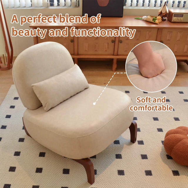 Alt view image 7 of 7 - Cute Accent Chair with Solid Wood Legs, Faux Leather Living Room Chair with Soft Cushion, Cozy Bedroom Chair, Comfy Armless Reading Chair for Apartment, Waiting Room, Balcony (Cream)
