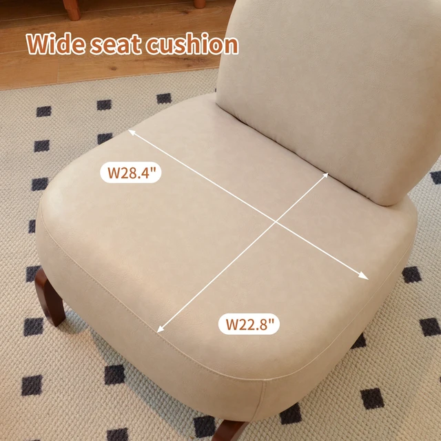 Alt view image 4 of 7 - Cute Accent Chair with Solid Wood Legs, Faux Leather Living Room Chair with Soft Cushion, Cozy Bedroom Chair, Comfy Armless Reading Chair for Apartment, Waiting Room, Balcony (Cream)