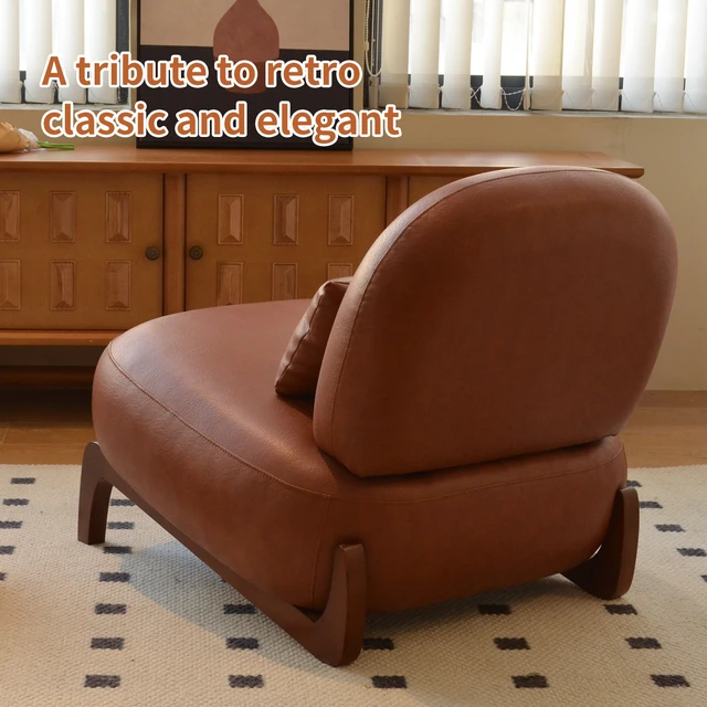 Alt view image 6 of 7 - Cute Accent Chair with Solid Wood Legs, Faux Leather Living Room Chair with Soft Cushion, Cozy Bedroom Chair, Comfy Armless Reading Chair for Apartment, Waiting Room, Balcony (Brown)