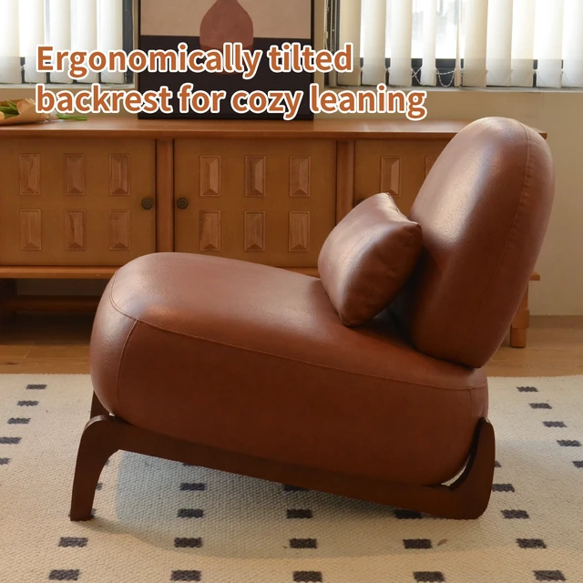 Alt view image 4 of 7 - Cute Accent Chair with Solid Wood Legs, Faux Leather Living Room Chair with Soft Cushion, Cozy Bedroom Chair, Comfy Armless Reading Chair for Apartment, Waiting Room, Balcony (Brown)