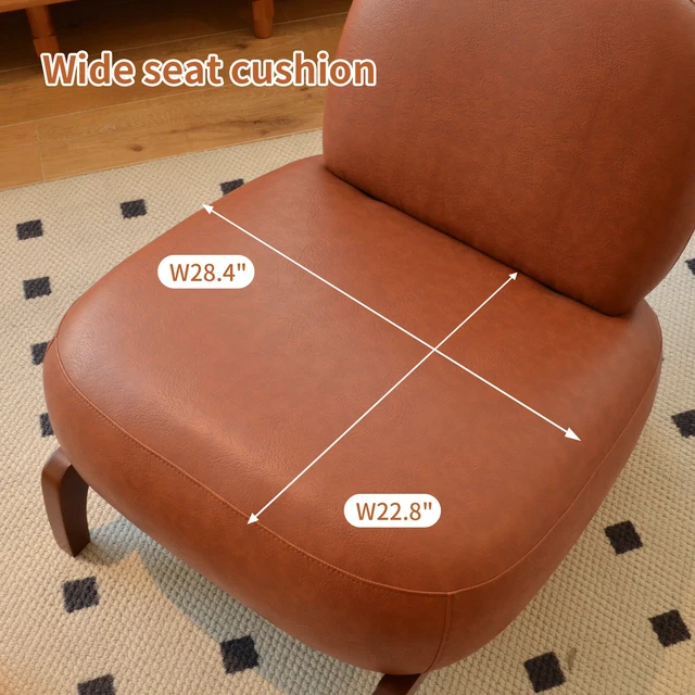 Alt view image 2 of 7 - Cute Accent Chair with Solid Wood Legs, Faux Leather Living Room Chair with Soft Cushion, Cozy Bedroom Chair, Comfy Armless Reading Chair for Apartment, Waiting Room, Balcony (Brown)