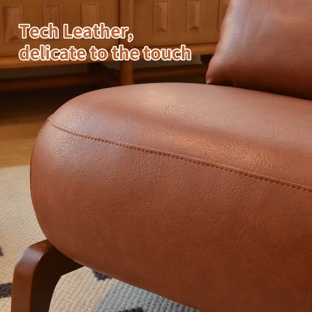 Alt view image 7 of 7 - Cute Accent Chair with Solid Wood Legs, Faux Leather Living Room Chair with Soft Cushion, Cozy Bedroom Chair, Comfy Armless Reading Chair for Apartment, Waiting Room, Balcony (Brown)