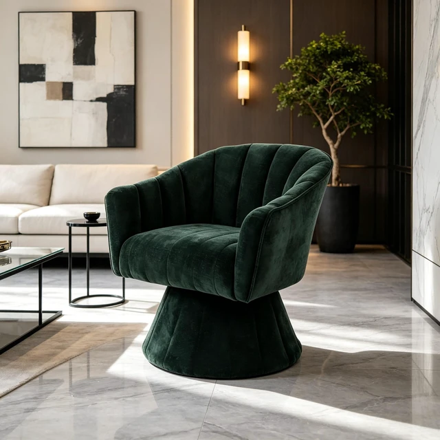 Main image of 360 Degree Swivel Accent Chair, Modern Channel Tufted Barrel Chair, Green Corduroy Upholstered Round Swivel Armchair, Comfy Rotating Lounge Chair for Living Room Bedroom Vanity Office