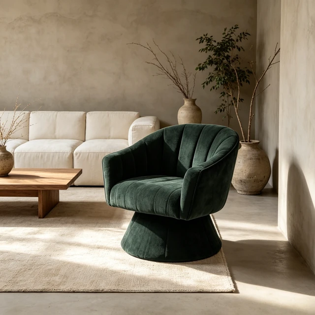 Alt view image 2 of 7 - 360 Degree Swivel Accent Chair, Modern Channel Tufted Barrel Chair, Green Corduroy Upholstered Round Swivel Armchair, Comfy Rotating Lounge Chair for Living Room Bedroom Vanity Office