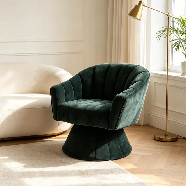 Alt view image 3 of 7 - 360 Degree Swivel Accent Chair, Modern Channel Tufted Barrel Chair, Green Corduroy Upholstered Round Swivel Armchair, Comfy Rotating Lounge Chair for Living Room Bedroom Vanity Office