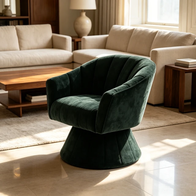 Alt view image 4 of 7 - 360 Degree Swivel Accent Chair, Modern Channel Tufted Barrel Chair, Green Corduroy Upholstered Round Swivel Armchair, Comfy Rotating Lounge Chair for Living Room Bedroom Vanity Office