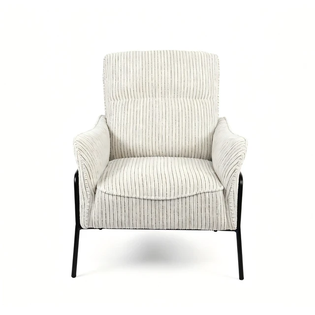 Alt view image 5 of 7 - Modern Striped Fabric Accent Chair, Upholstered Single Armchair with Black Metal Frame, Comfy Padded Lounge Chair, Reading Side Chair for Living Room Bedroom Office, Grey Cream Textured Leisure Chair
