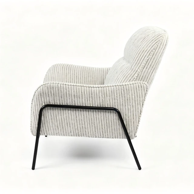 Alt view image 6 of 7 - Modern Striped Fabric Accent Chair, Upholstered Single Armchair with Black Metal Frame, Comfy Padded Lounge Chair, Reading Side Chair for Living Room Bedroom Office, Grey Cream Textured Leisure Chair