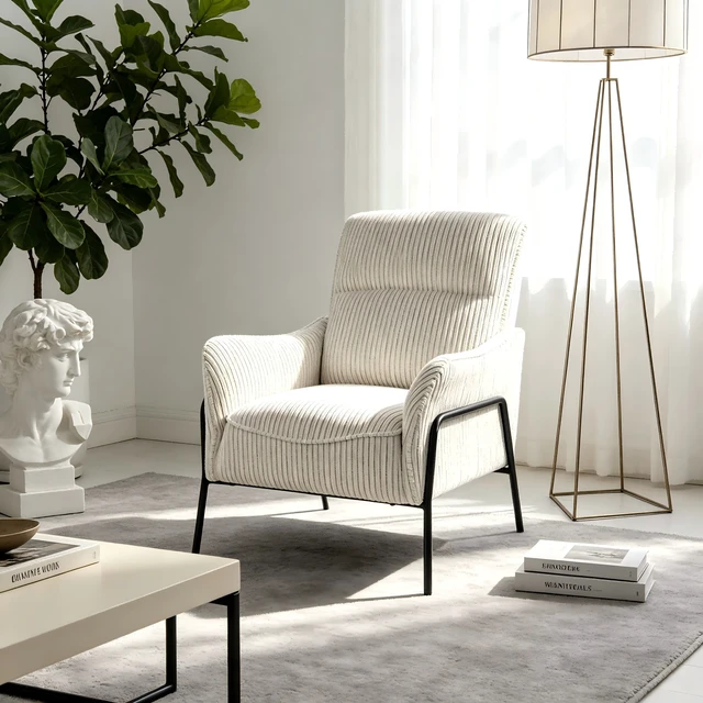 Alt view image 3 of 7 - Modern Striped Fabric Accent Chair, Upholstered Single Armchair with Black Metal Frame, Comfy Padded Lounge Chair, Reading Side Chair for Living Room Bedroom Office, Grey Cream Textured Leisure Chair