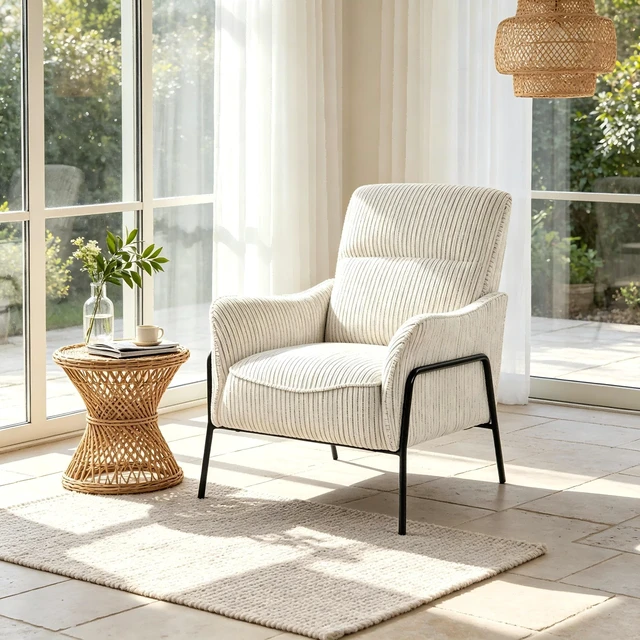 Main image of Modern Striped Fabric Accent Chair, Upholstered Single Armchair with Black Metal Frame, Comfy Padded Lounge Chair, Reading Side Chair for Living Room Bedroom Office, Grey Cream Textured Leisure Chair