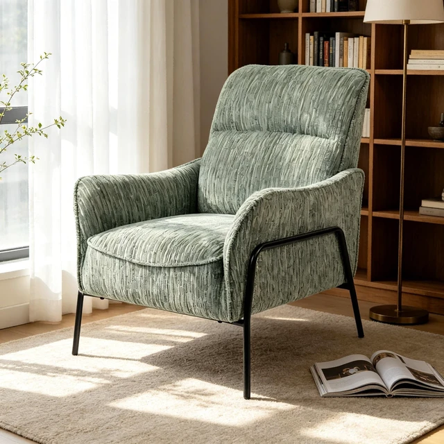 Main image of Modern Striped Fabric Accent Chair, Upholstered Single Armchair with Black Metal Frame, Comfy Padded Lounge Chair, Reading Side Chair for Living Room Bedroom Office, Green Textured Leisure Chair