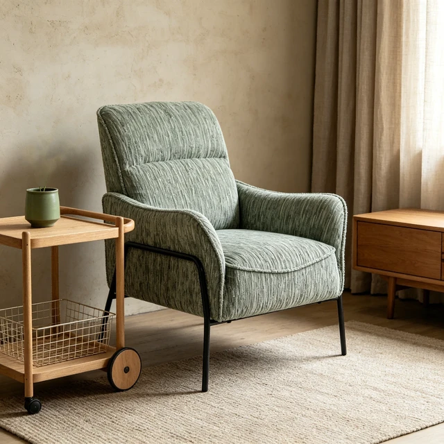 Alt view image 2 of 7 - Modern Striped Fabric Accent Chair, Upholstered Single Armchair with Black Metal Frame, Comfy Padded Lounge Chair, Reading Side Chair for Living Room Bedroom Office, Green Textured Leisure Chair