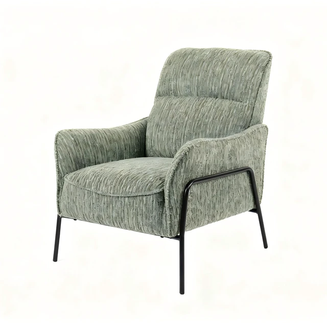Alt view image 6 of 7 - Modern Striped Fabric Accent Chair, Upholstered Single Armchair with Black Metal Frame, Comfy Padded Lounge Chair, Reading Side Chair for Living Room Bedroom Office, Green Textured Leisure Chair