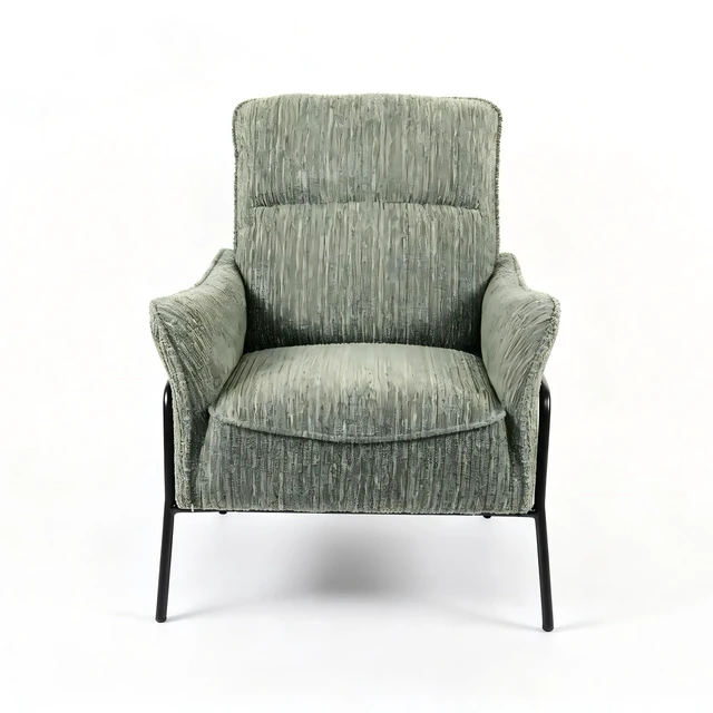 Alt view image 5 of 7 - Modern Striped Fabric Accent Chair, Upholstered Single Armchair with Black Metal Frame, Comfy Padded Lounge Chair, Reading Side Chair for Living Room Bedroom Office, Green Textured Leisure Chair