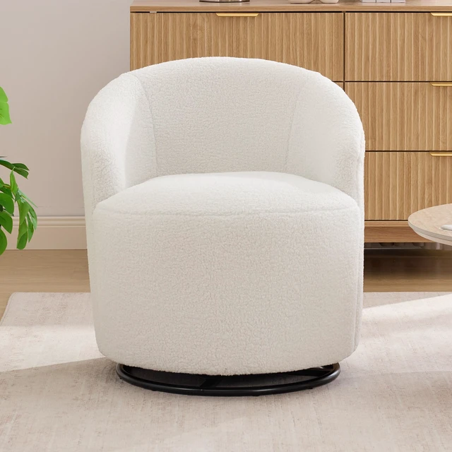 Alt view image 2 of 7 - 012C-Teddy Fabric Small Swivel Accent Chair, Comfy Barrel Leisure Armchair with Curved Backrest, Upholstered Reading Chair with Black Round Base, Ivory