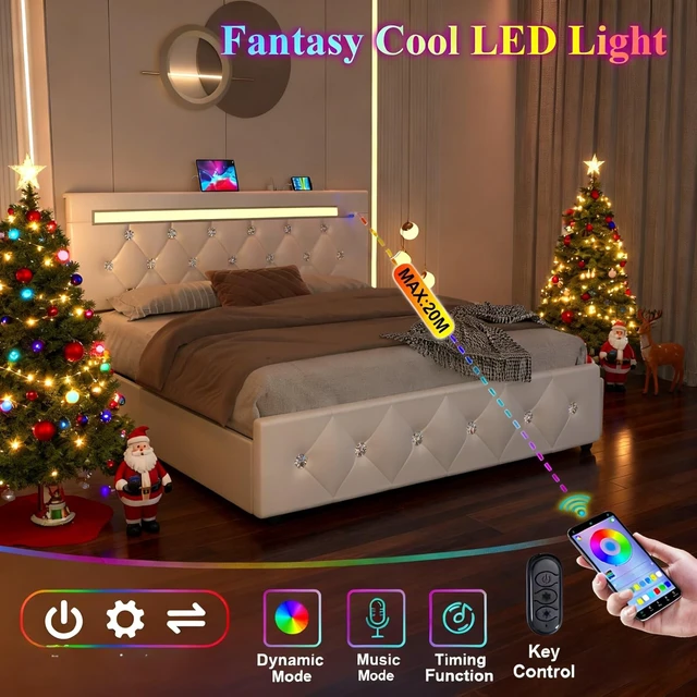 Alt view image 4 of 7 - Full Size Bed Frame with LED Light and 4 Storage Drawers, PU Upholstered Bed Frame with Adjustable Headboard, Diamond Crystal Button, Charging Station, Metal Frame, No Box Spring Needed, White