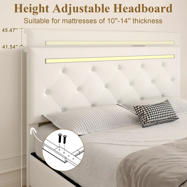 Alt view image 6 of 7 - Full Size Bed Frame with LED Light and 4 Storage Drawers, PU Upholstered Bed Frame with Adjustable Headboard, Diamond Crystal Button, Charging Station, Metal Frame, No Box Spring Needed, White