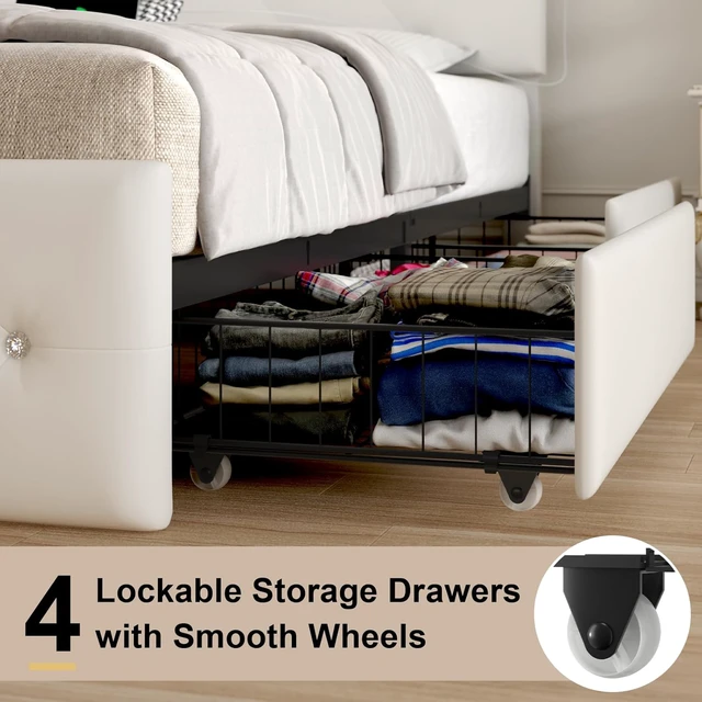 Alt view image 7 of 7 - Full Size Bed Frame with LED Light and 4 Storage Drawers, PU Upholstered Bed Frame with Adjustable Headboard, Diamond Crystal Button, Charging Station, Metal Frame, No Box Spring Needed, White
