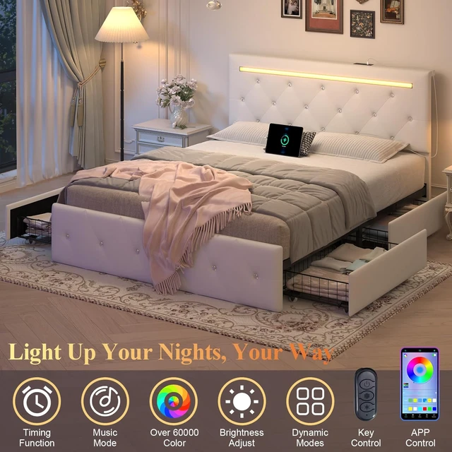 Alt view image 5 of 7 - Full Size Bed Frame with LED Light and 4 Storage Drawers, PU Upholstered Bed Frame with Adjustable Headboard, Diamond Crystal Button, Charging Station, Metal Frame, No Box Spring Needed, White