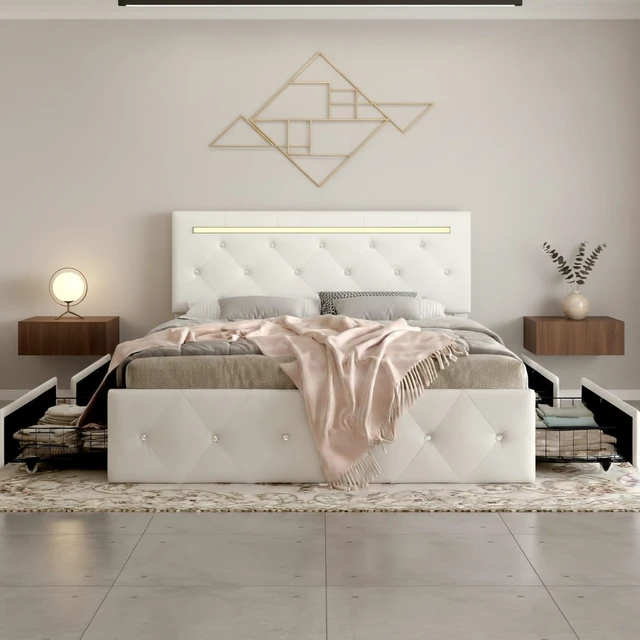 Main image of Full Size Bed Frame with LED Light and 4 Storage Drawers, PU Upholstered Bed Frame with Adjustable Headboard, Diamond Crystal Button, Charging Station, Metal Frame, No Box Spring Needed, White
