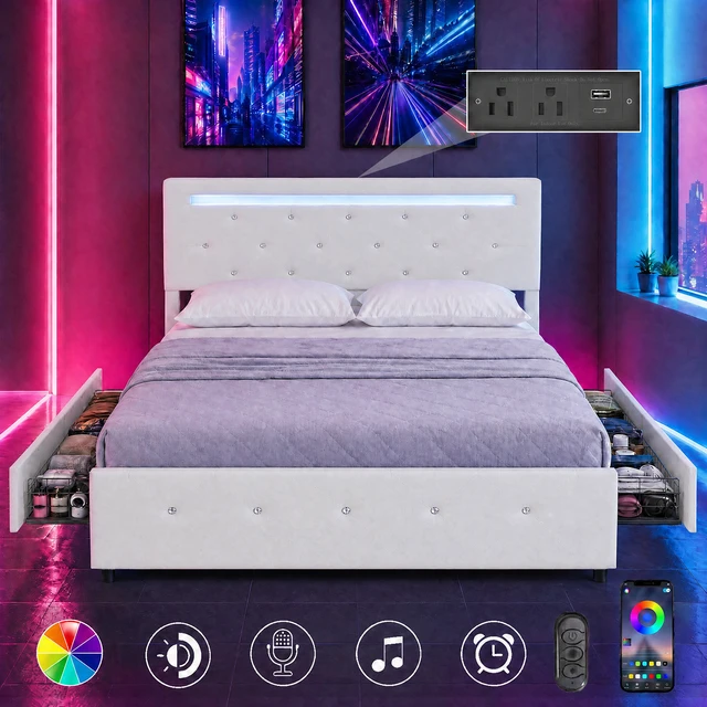 Alt view image 3 of 7 - Queen Size Bed Frame with LED Light and 4 Storage Drawers, PU Upholstered Bed Frame with Adjustable Headboard, Diamond Crystal Button, Charging Station, Metal Frame, No Box Spring Needed, White