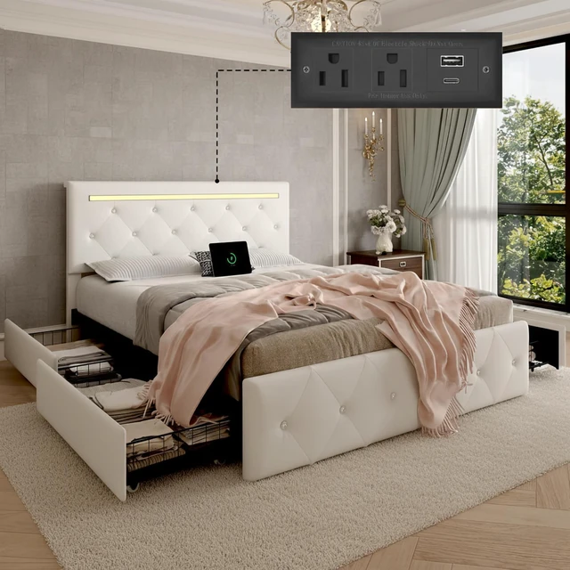 Alt view image 2 of 7 - Full Size Bed Frame with LED Light and 4 Storage Drawers, PU Upholstered Bed Frame with Adjustable Headboard, Diamond Crystal Button, Charging Station, Metal Frame, No Box Spring Needed, White