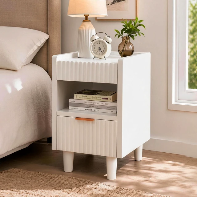 Alt view image 4 of 7 - White Fluted Wood Nightstands with Drawer and Open Storage, 2 Pack Modern Bedroom Bedside Side End Tables for Living Room Home Decor