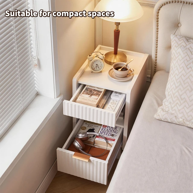 Alt view image 7 of 7 - White Fluted Wood Nightstands with Drawer and Open Storage, 2 Pack Modern Bedroom Bedside Side End Tables for Living Room Home Decor