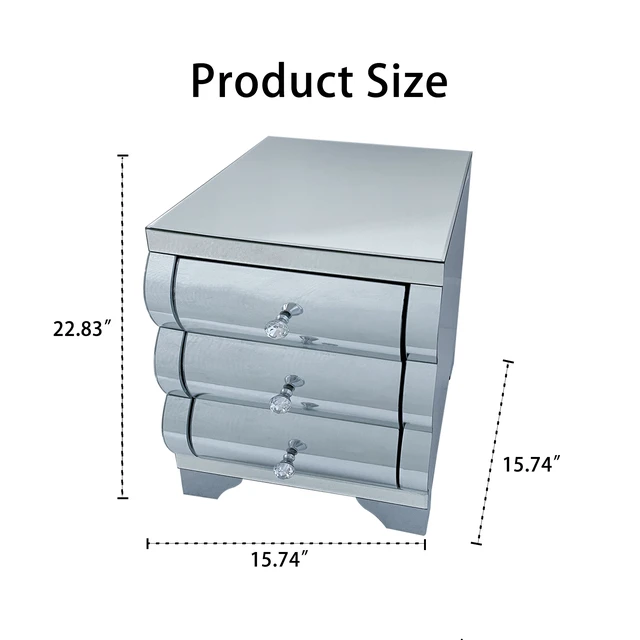 Alt view image 7 of 7 - Baked curved mirror Nightstand with 3 Drawer Glass Bedside Table Chest of Drawers for Bedroom Small Spaces End Table for Living Room Fashion Bedroom Furniture Silver