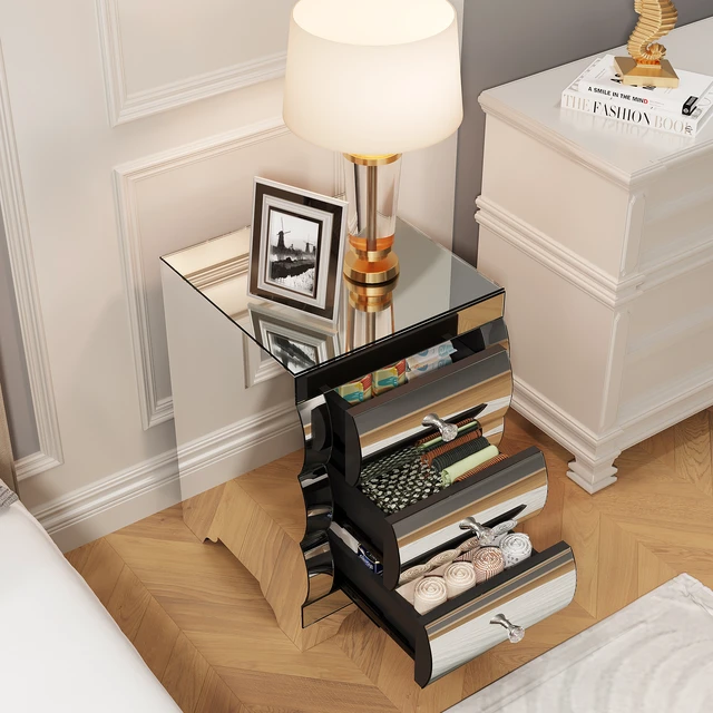 Alt view image 3 of 7 - Baked curved mirror Nightstand with 3 Drawer Glass Bedside Table Chest of Drawers for Bedroom Small Spaces End Table for Living Room Fashion Bedroom Furniture Silver