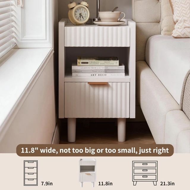 Alt view image 6 of 7 - White Fluted Wood Nightstands with Drawer and Open Storage, 2 Pack Modern Bedroom Bedside Side End Tables for Living Room Home Decor