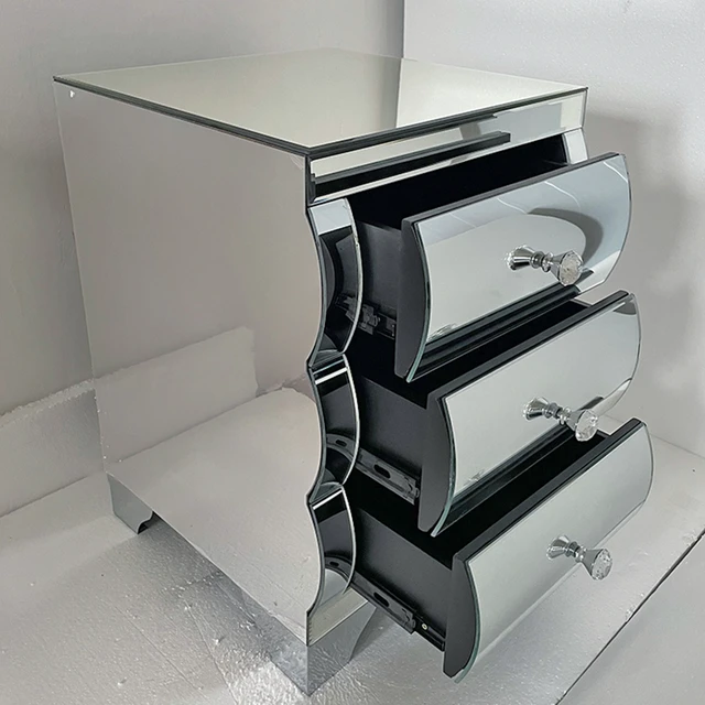 Alt view image 5 of 7 - Baked curved mirror Nightstand with 3 Drawer Glass Bedside Table Chest of Drawers for Bedroom Small Spaces End Table for Living Room Fashion Bedroom Furniture Silver