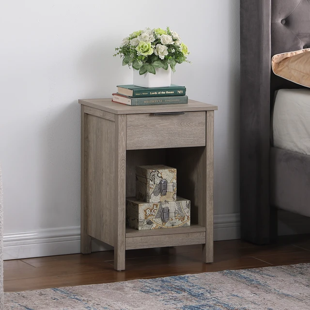 Alt view image 2 of 7 - Nightstand with Drawer,End Table With Drawer and Open Shelf,Easy Assemble,Sturdy Side Frames,Metal Handle,Night Stand for Bedroom, Side Table for LivingRoom,Rustic Grey