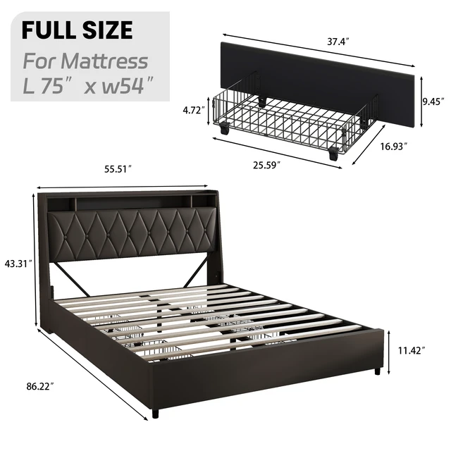 Alt view image 6 of 7 - Full Size Bed Frame with Ergonomic Headboard, Full Platform Bed Frame with Outlets & Charger & LED Light, Full Bed Frame with Storage Shelf, Bed Frame Full Size, Noise-Free, No Box Spring Needed