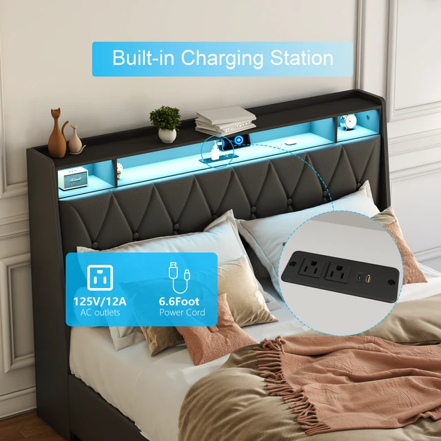 Alt view image 4 of 7 - Full Size Bed Frame with Ergonomic Headboard, Full Platform Bed Frame with Outlets & Charger & LED Light, Full Bed Frame with Storage Shelf, Bed Frame Full Size, Noise-Free, No Box Spring Needed