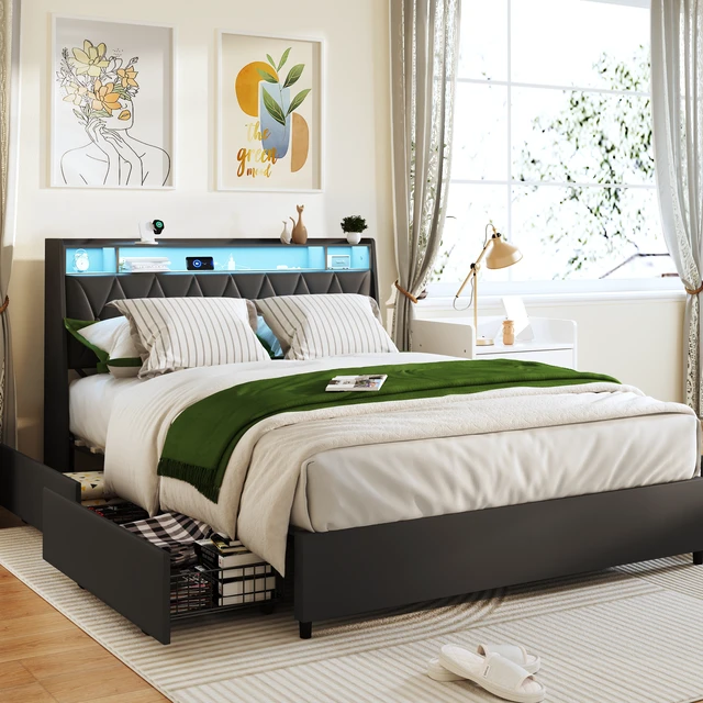 Alt view image 7 of 7 - Full Size Bed Frame with Ergonomic Headboard, Full Platform Bed Frame with Outlets & Charger & LED Light, Full Bed Frame with Storage Shelf, Bed Frame Full Size, Noise-Free, No Box Spring Needed