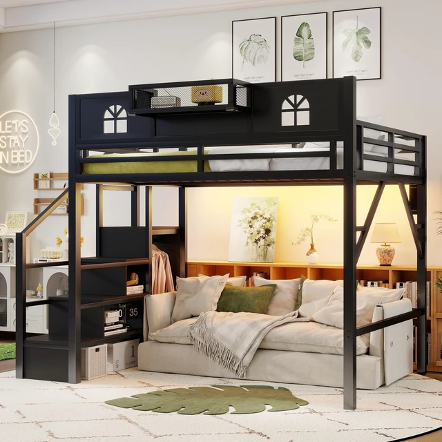 Main image of Full Size Loft Bed with Stairs, Metal Full Loft Bed with High and House Shaped Guardrails, High Loft Bed with Wardrobe for Kids Teens, black