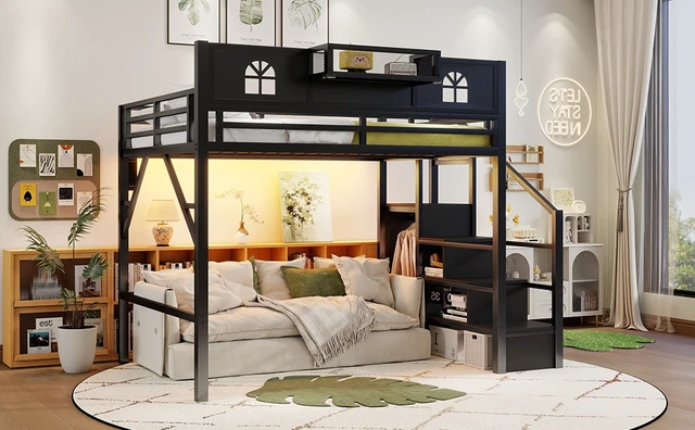 Alt view image 5 of 7 - Full Size Loft Bed with Stairs, Metal Full Loft Bed with High and House Shaped Guardrails, High Loft Bed with Wardrobe for Kids Teens, black