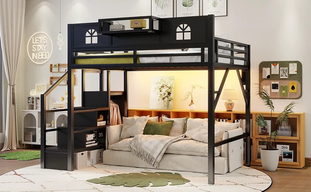 Alt view image 6 of 7 - Full Size Loft Bed with Stairs, Metal Full Loft Bed with High and House Shaped Guardrails, High Loft Bed with Wardrobe for Kids Teens, black