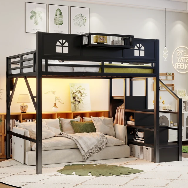 Alt view image 2 of 7 - Full Size Loft Bed with Stairs, Metal Full Loft Bed with High and House Shaped Guardrails, High Loft Bed with Wardrobe for Kids Teens, black