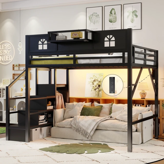 Alt view image 3 of 7 - Full Size Loft Bed with Stairs, Metal Full Loft Bed with High and House Shaped Guardrails, High Loft Bed with Wardrobe for Kids Teens, black