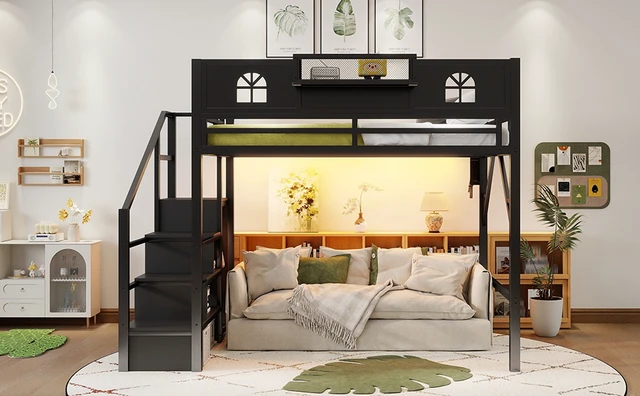 Alt view image 7 of 7 - Full Size Loft Bed with Stairs, Metal Full Loft Bed with High and House Shaped Guardrails, High Loft Bed with Wardrobe for Kids Teens, black