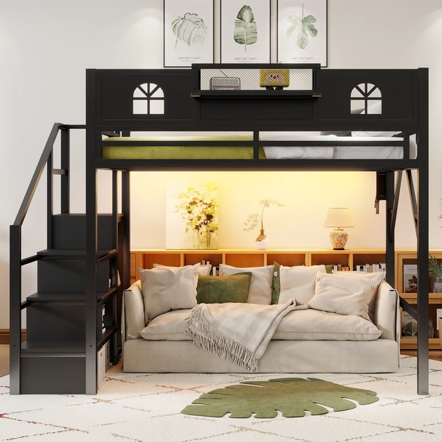 Alt view image 4 of 7 - Full Size Loft Bed with Stairs, Metal Full Loft Bed with High and House Shaped Guardrails, High Loft Bed with Wardrobe for Kids Teens, black