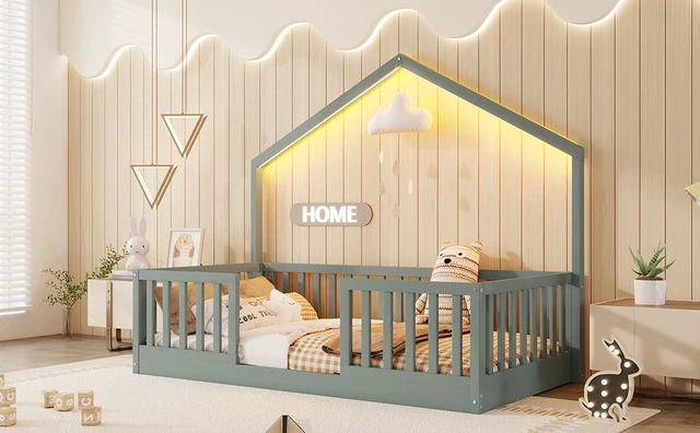 Alt view image 4 of 7 - Twin Floor Bed with High Rails, Wooden Montessori Bed with Light for Kids, Boys and Girls ,Gray
