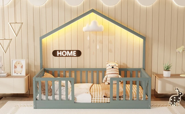 Alt view image 6 of 7 - Twin Floor Bed with High Rails, Wooden Montessori Bed with Light for Kids, Boys and Girls ,Gray