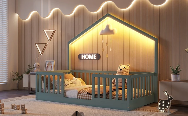 Alt view image 5 of 7 - Twin Floor Bed with High Rails, Wooden Montessori Bed with Light for Kids, Boys and Girls ,Gray