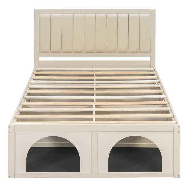 Alt view image 6 of 7 - Queen Size Pet-Friendly Platform Bed with Under-Bed Nook, Heavy Duty Bed Frame, Beige