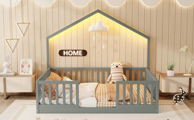 Alt view image 4 of 7 - Full Floor Bed with High Rails, Wooden Montessori Bed with Light for Kids, Boys and Girls,Gray